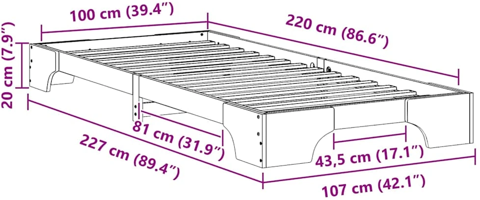Lova Lovos rėmas Balta 100 x 220 cm Kietos pušies mediena