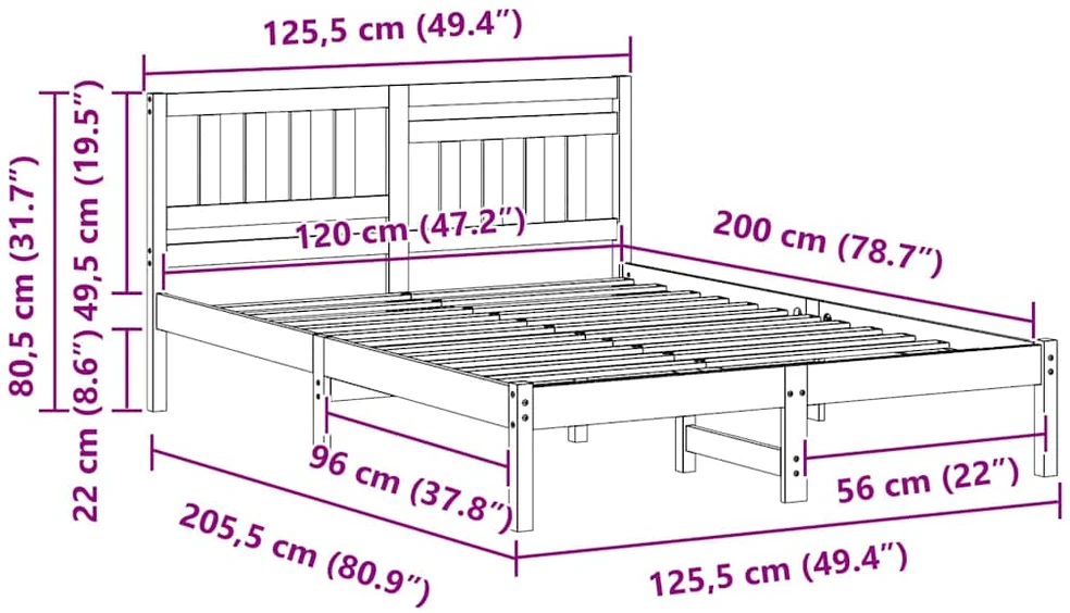 Lova Lovos rėmas Balta 120 x 200 cm Kietos pušies mediena