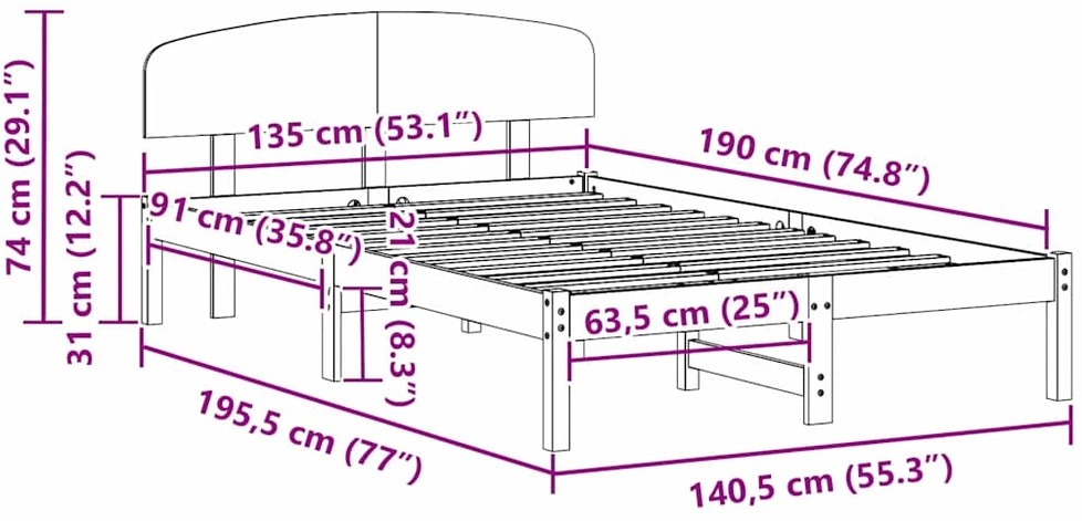 Lova Lovos rėmas Balta 135 x 190 cm Kietos pušies mediena