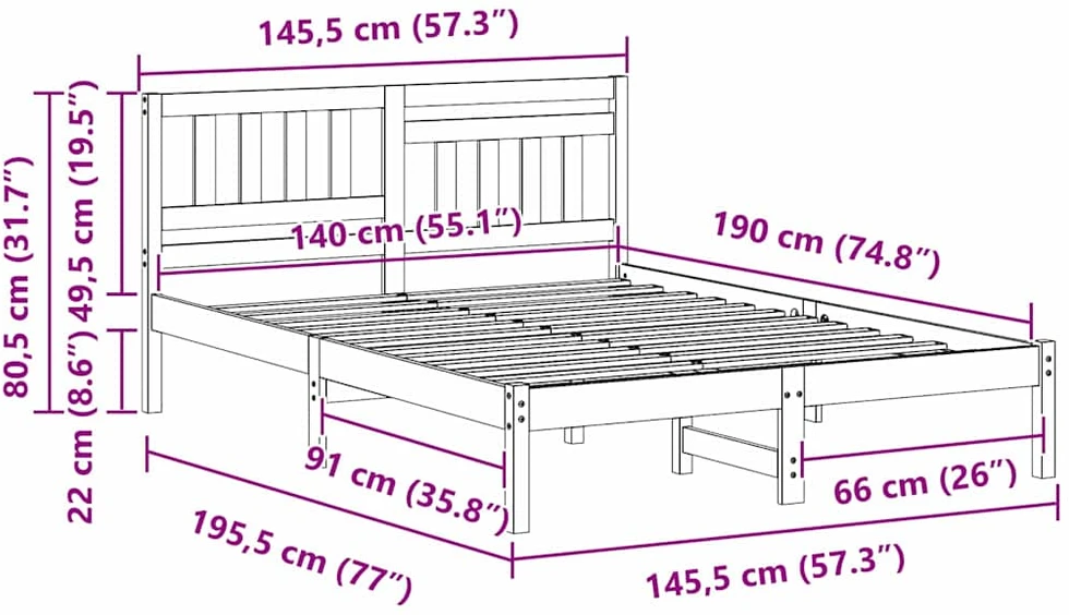Lovos rėmas Balta 140 x 190 cm Kietos pušies mediena