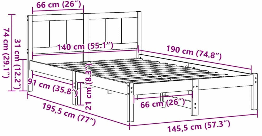 Lovos rėmas Balta 140 x 190 cm Pušies medienos masyvas