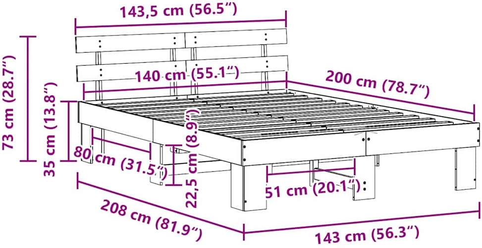 Lovos rėmas Balta 140 x 200 cm Kietos pušies mediena