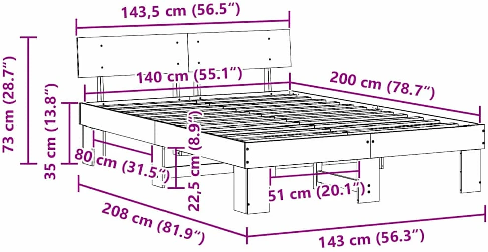 Lovos rėmas Balta 140 x 200 cm Kietos pušies mediena