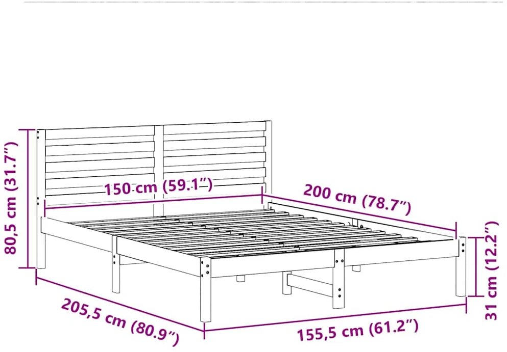 Lovos rėmas Balta 150 x 200 cm Kietos pušies mediena