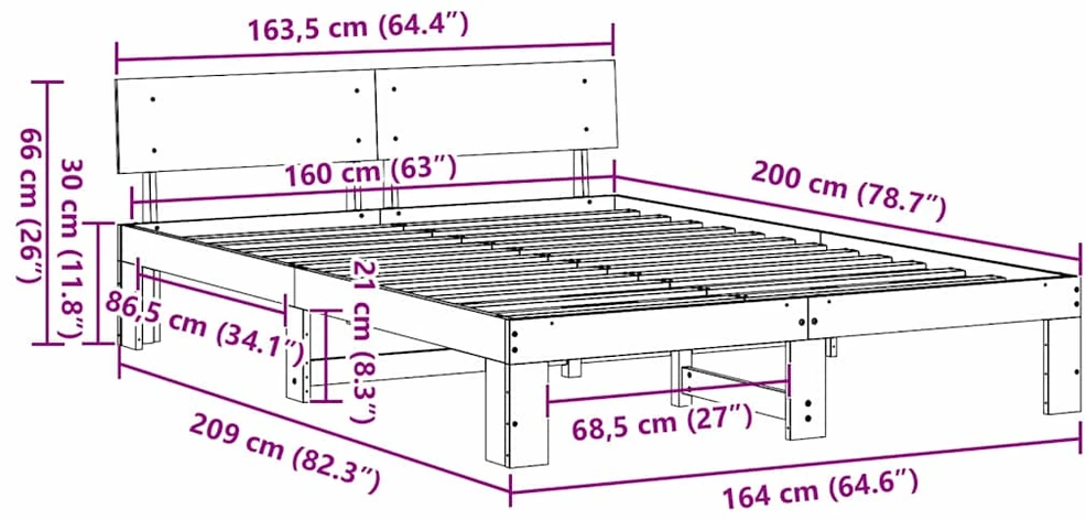 Lovos rėmas Balta 160 x 200 cm Kietos pušies mediena