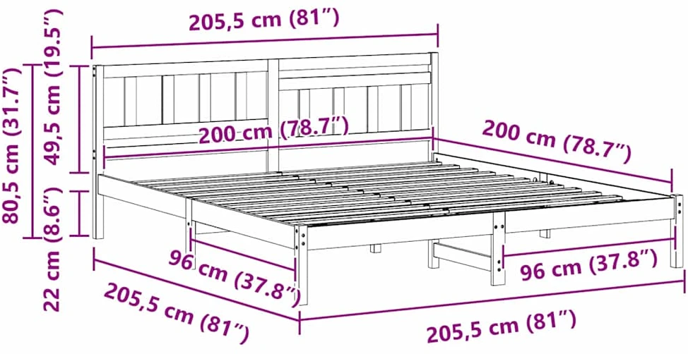 Lovos rėmas Balta 200 x 200 cm Kietos pušies mediena