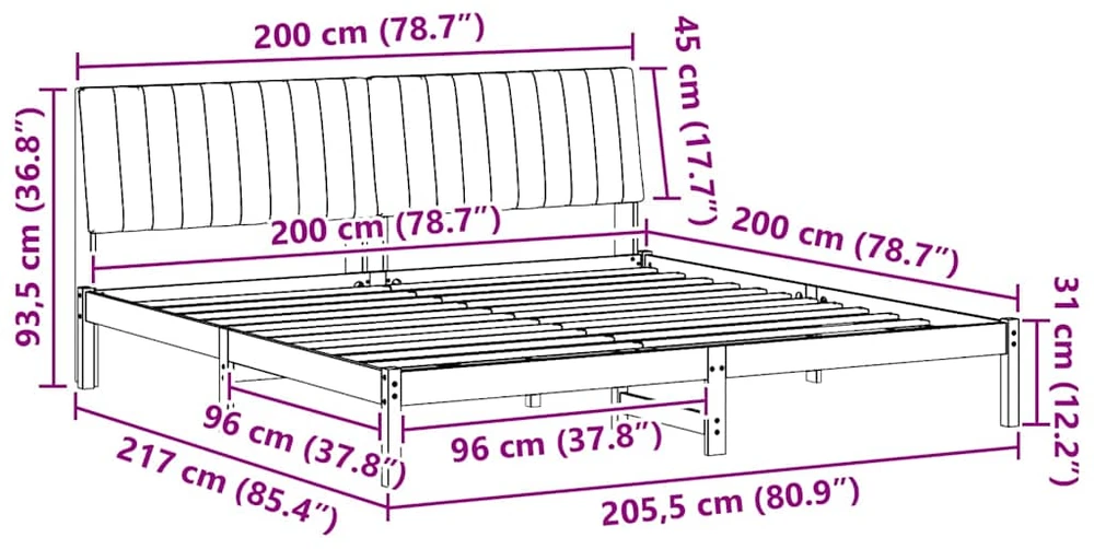 Lovos rėmas Balta 200 x 200 cm Kietos pušies mediena