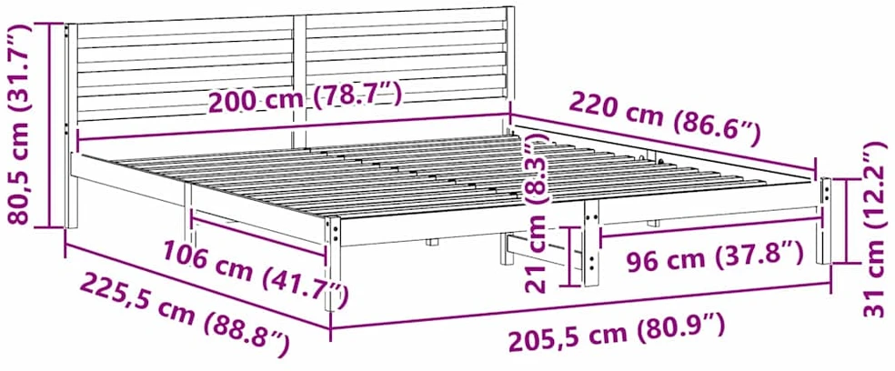 Lova Lovos rėmas Balta 200 x 220 cm Kietos pušies mediena
