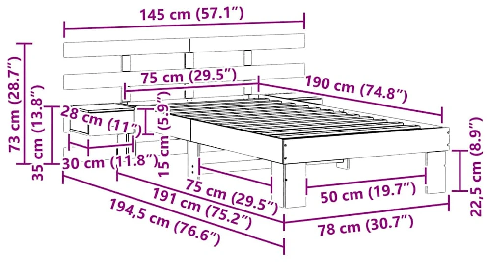 Lova Lovos rėmas Balta 75 x 190 cm Kietos pušies mediena