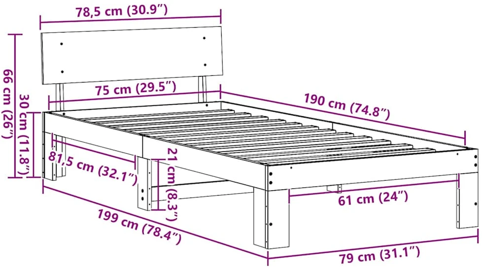 Lova Lovos rėmas Balta 75 x 190 cm Kietos pušies mediena