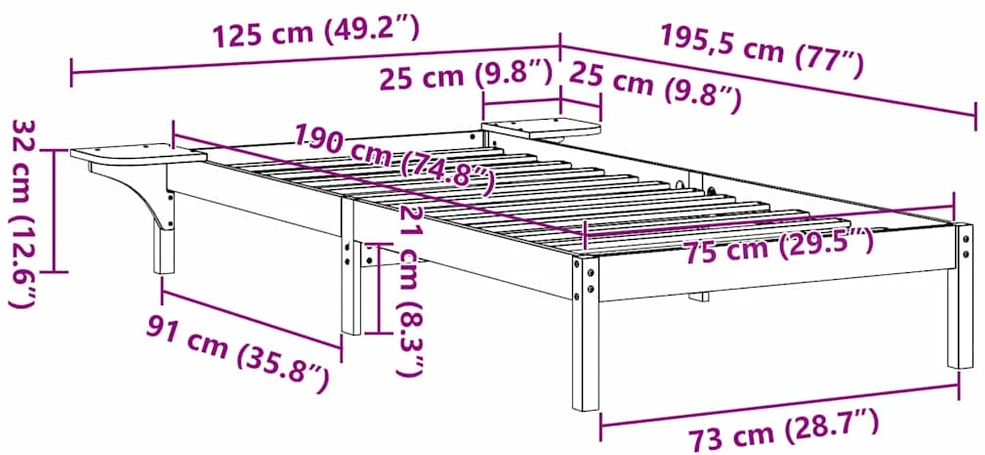 Lova Lovos rėmas Balta 75 x 190 cm Kietos pušies mediena