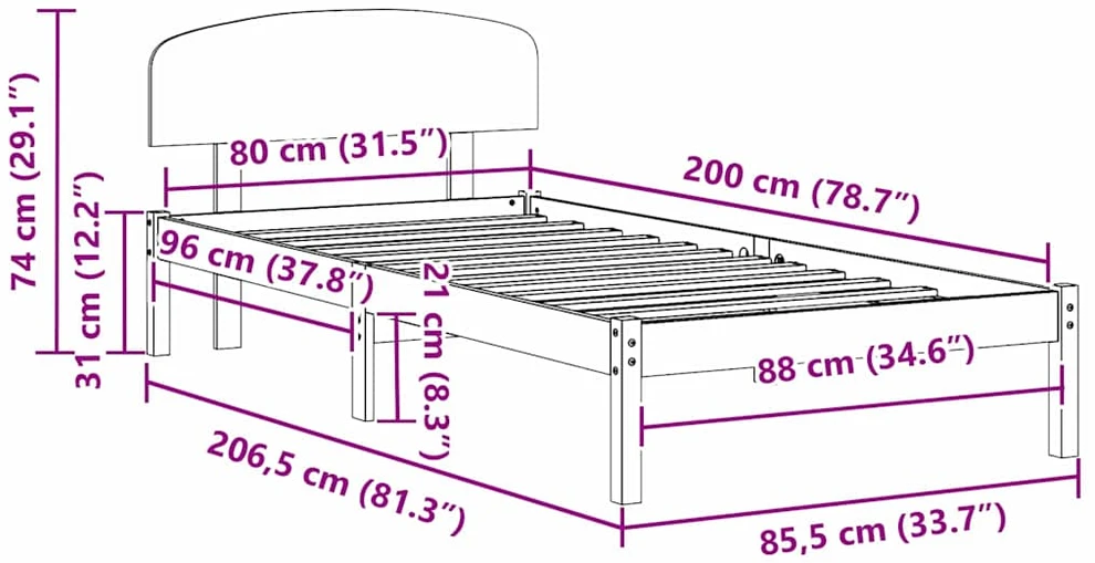Lovos rėmas Balta 80 x 200 cm Kietos pušies mediena