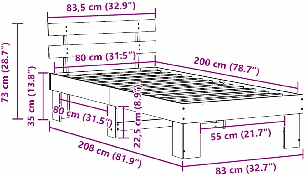 Lovos rėmas Balta 80 x 200 cm Kietos pušies mediena