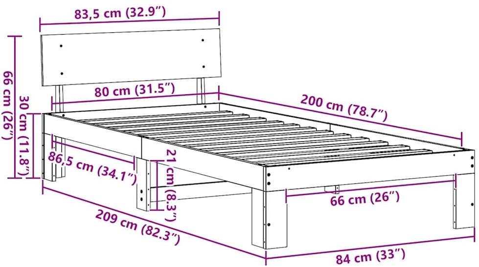 Lova Lovos rėmas Balta 80 x 200 cm Kietos pušies mediena