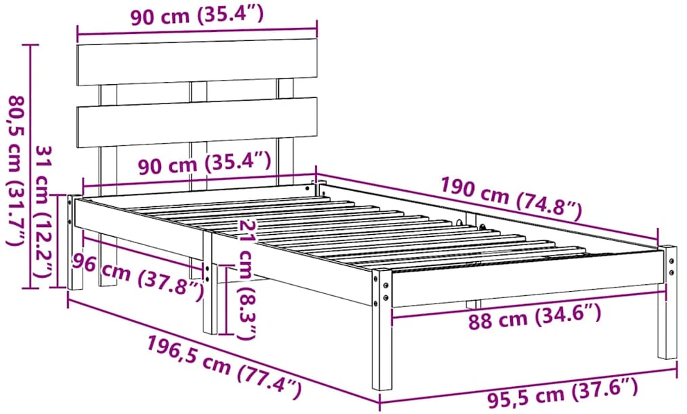 Lovos rėmas Balta 90 x 190 cm Pušies medienos masyvas