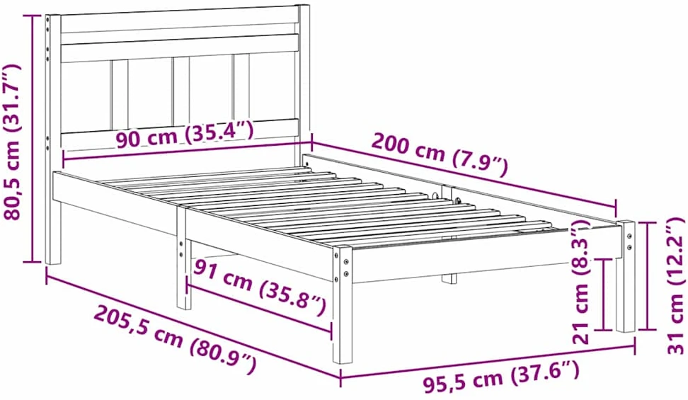 Lova Lovos rėmas Balta 90 x 200 cm Kietos pušies mediena