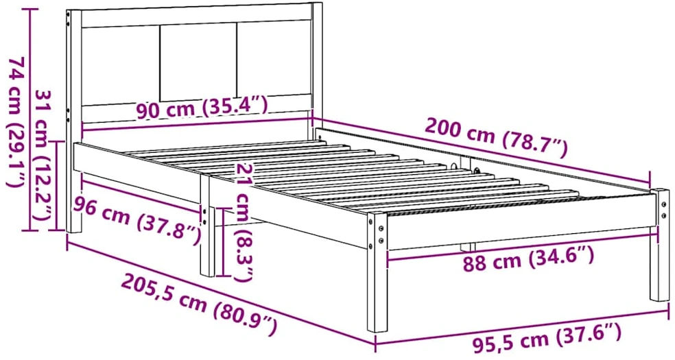 Lova Lovos rėmas Balta 90 x 200 cm Pušies medienos masyvas