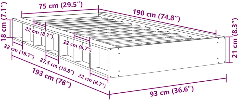 Lova Lovos rėmas be čiužinio 75x190 cm ąžuolo masyvo