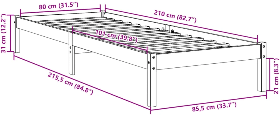 Lova Lovos rėmas be čiužinio, baltas, 80x210cm, pušis, itin ilgas