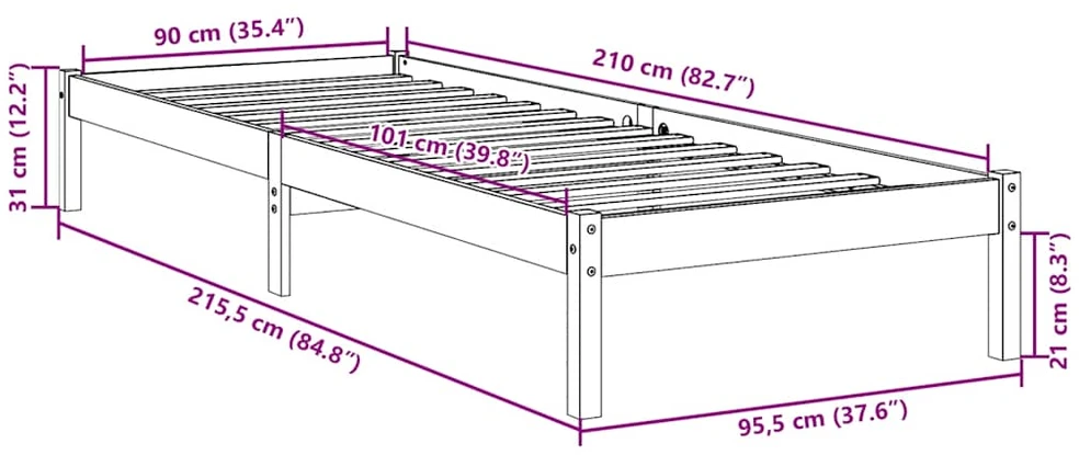 Lova Lovos rėmas be čiužinio, baltas, 90x210cm, pušis, itin ilgas