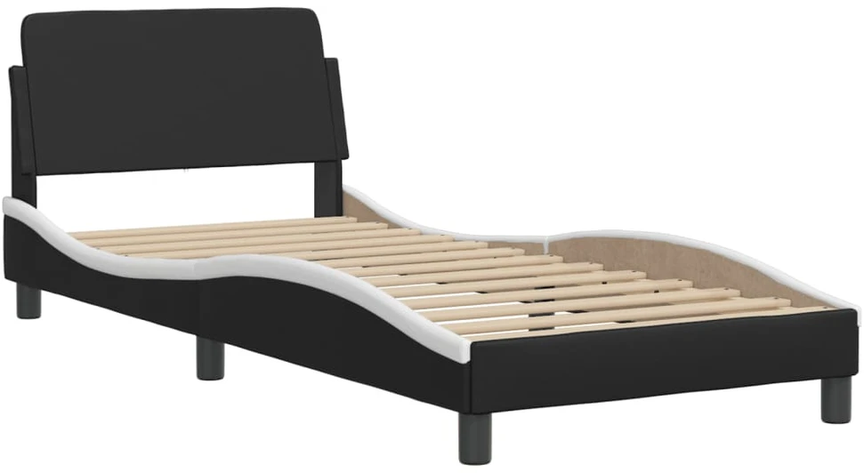 Lova su čiužiniu, juoda ir balta, 80x200cm, dirbtinė oda