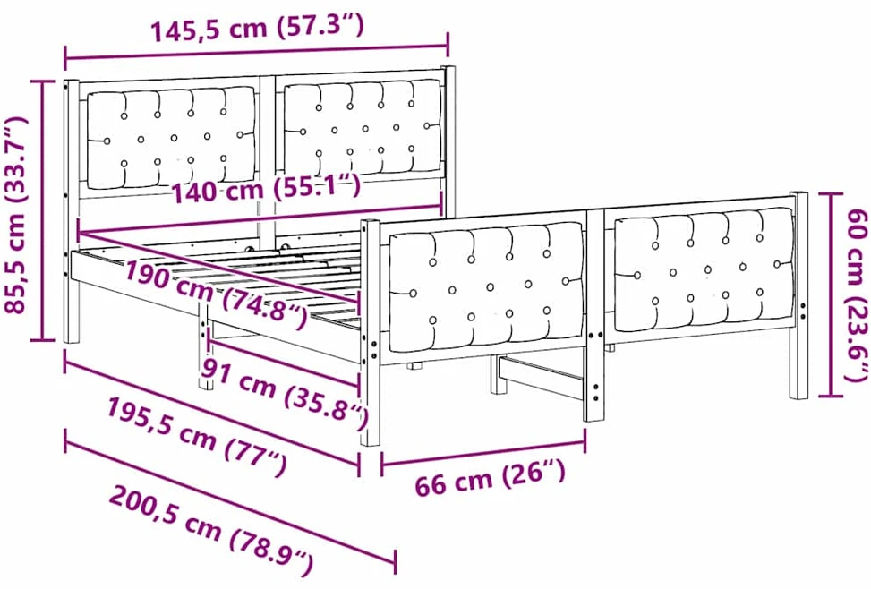 Lovos rėmas Juoda 140 x 190 cm Kietos pušies mediena