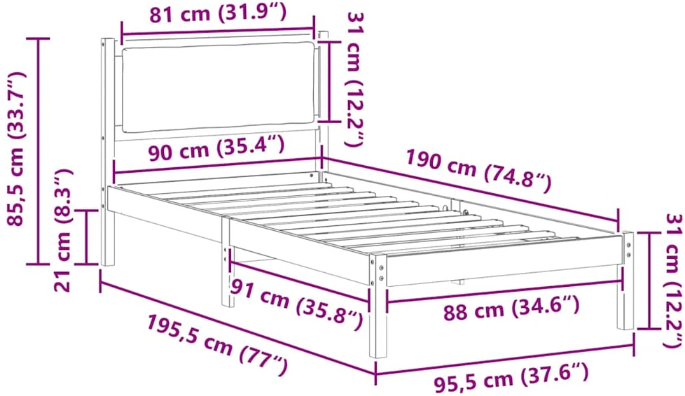 Lova Lovos rėmas Juoda 90 x 190 cm Kietos pušies mediena