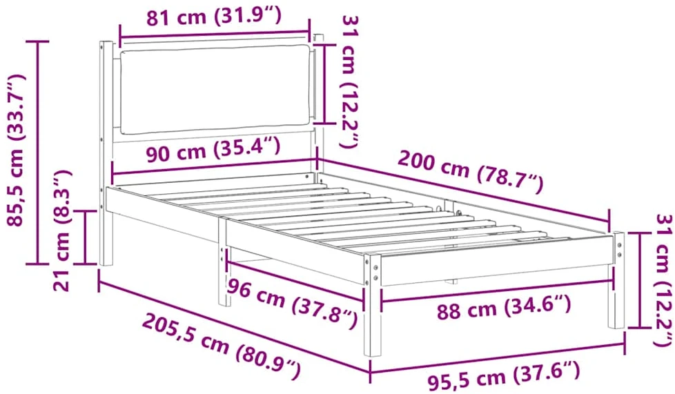 Lova Lovos rėmas Juoda 90 x 200 cm Kietos pušies mediena