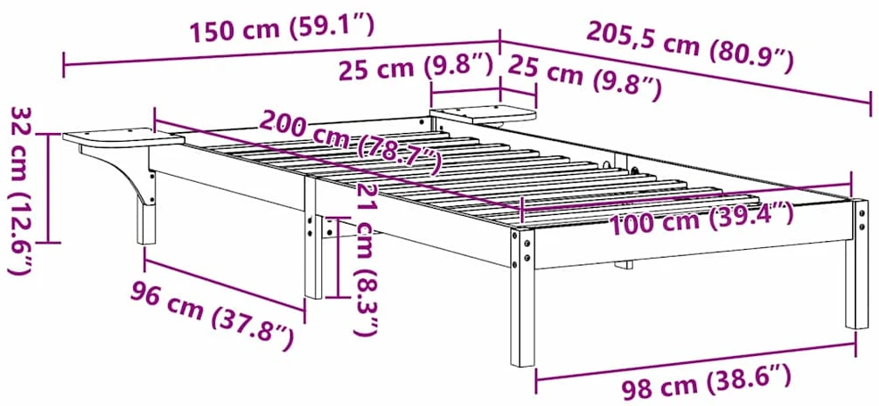 Lova Lovos rėmas Natūrali 100 x 200 cm Kietos pušies mediena