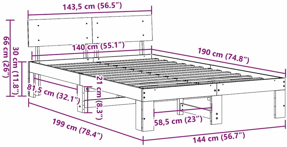 Lovos rėmas Natūrali 140 x 190 cm Kietos pušies mediena