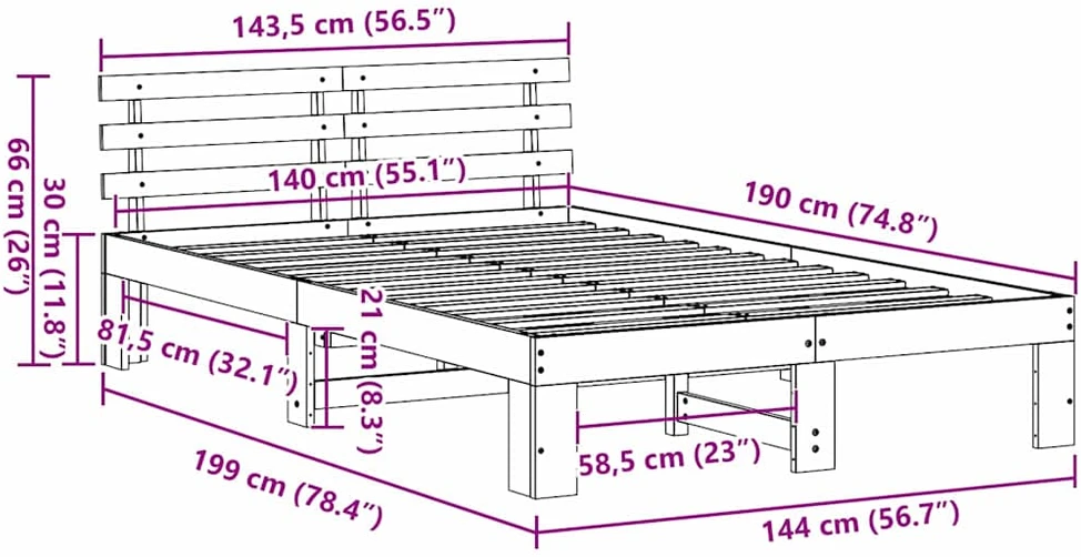 Lovos rėmas Natūrali 140 x 190 cm Kietos pušies mediena