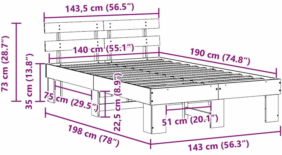 Lovos rėmas Natūrali 140 x 190 cm Kietos pušies mediena