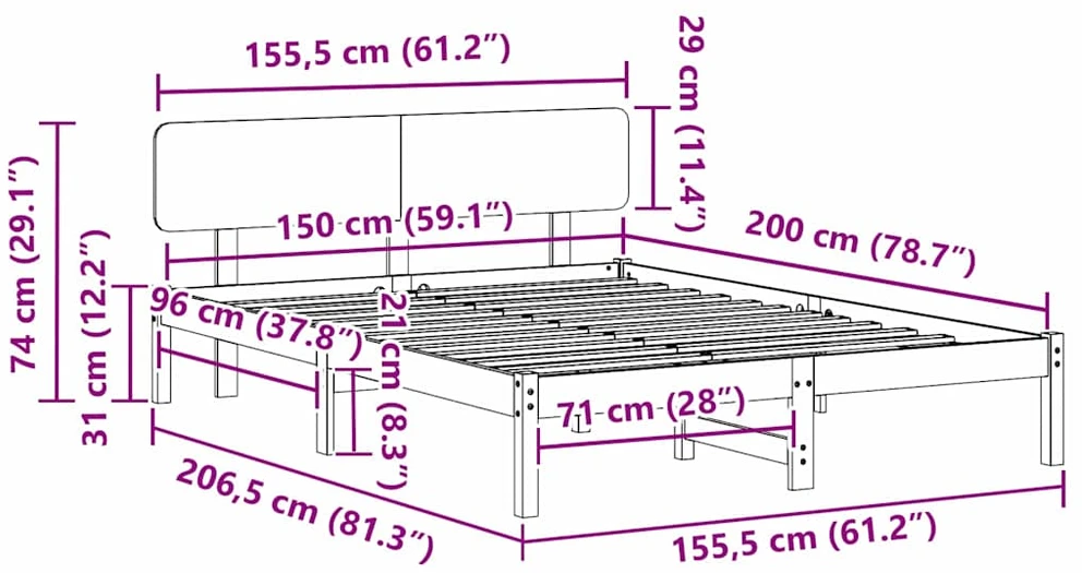 Lovos rėmas Natūrali 150 x 200 cm Kietos pušies mediena