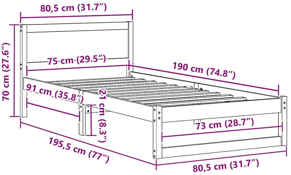 Lova Lovos rėmas Natūrali 75 x 190 cm Kietos pušies mediena