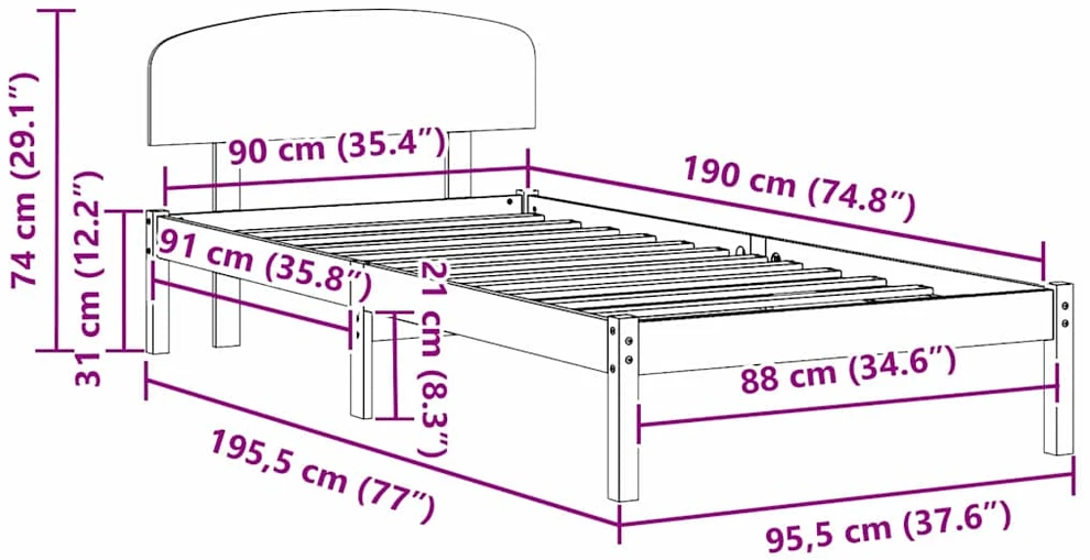 Lovos rėmas Natūrali 90 x 190 cm Kietos pušies mediena