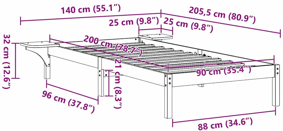 Lova Lovos rėmas Natūrali 90 x 200 cm Kietos pušies mediena