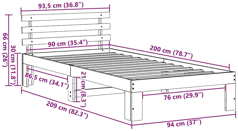 Lova Lovos rėmas Natūrali 90 x 200 cm Kietos pušies mediena