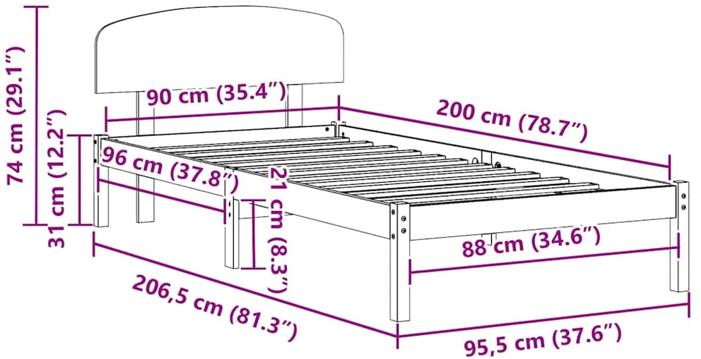Lova Lovos rėmas Natūrali 90 x 200 cm Kietos pušies mediena