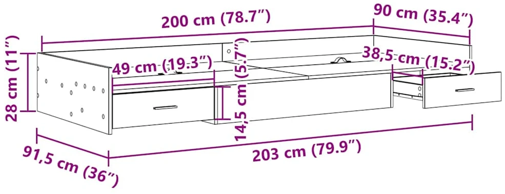 Lova Lovos rėmas Pilkas Sonoma 90 x 200 cm Apdirbta mediena
