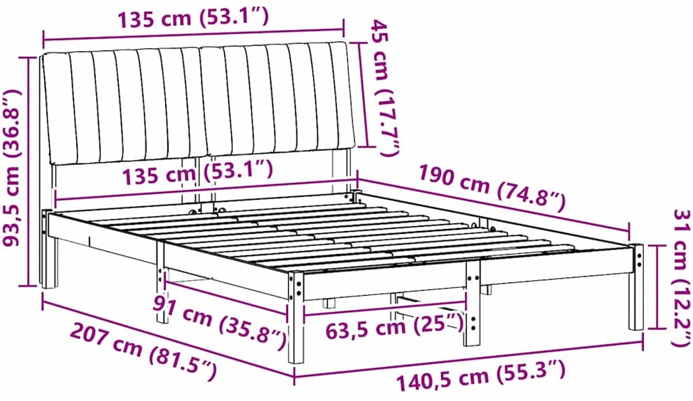 Lova Lovos rėmas Ruda 135 x 190 cm Kietos pušies mediena