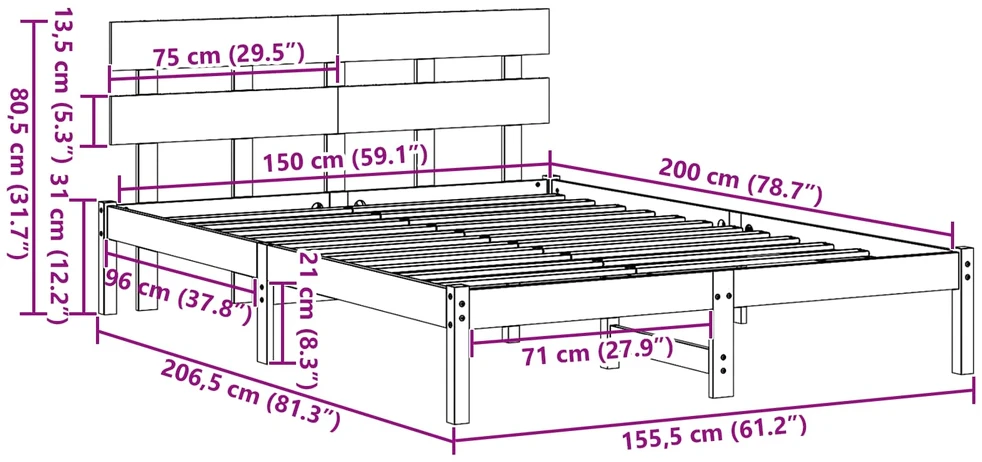Lovos rėmas Ruda 150 x 200 cm Pušies medienos masyvas