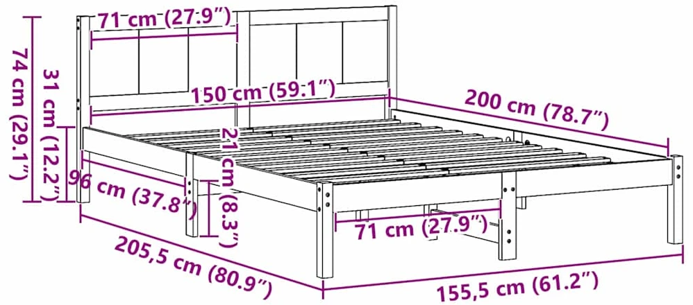 Lovos rėmas Ruda 150 x 200 cm Pušies medienos masyvas