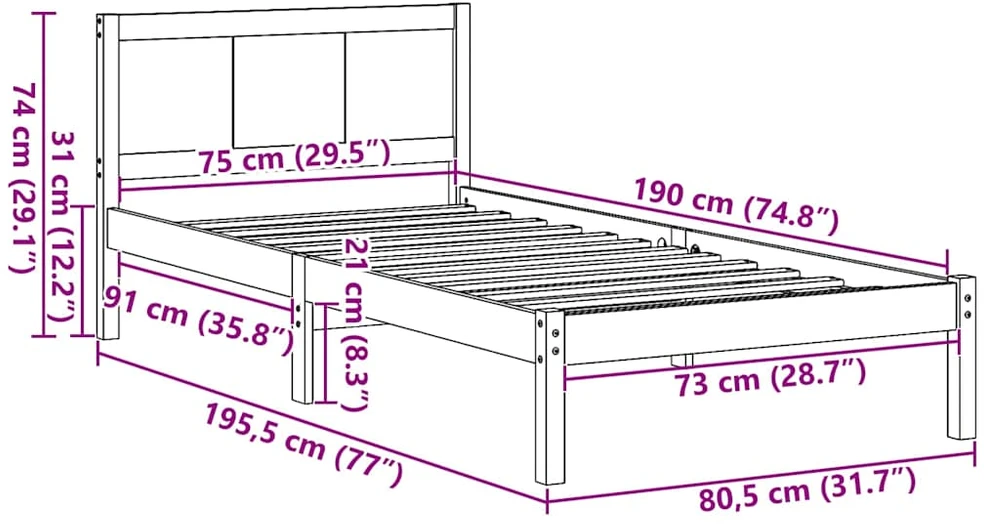 Lova Lovos rėmas Ruda 75 x 190 cm Pušies medienos masyvas