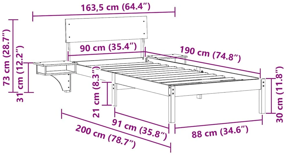 Lova Lovos rėmas Ruda 90 x 190 cm Kietos pušies mediena
