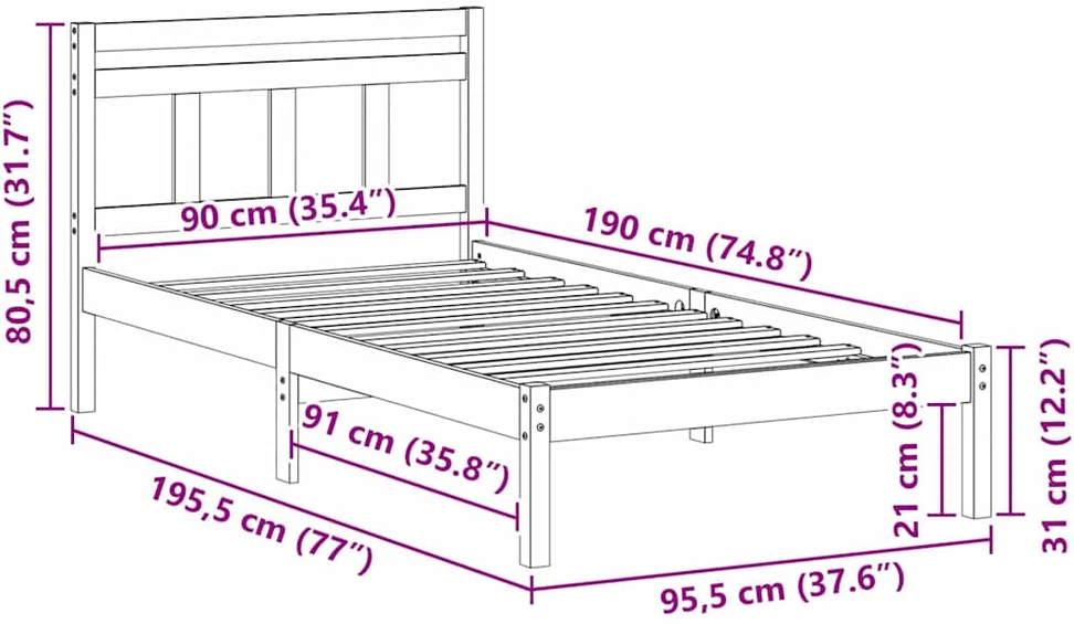 Lova Lovos rėmas Ruda 90 x 190 cm Kietos pušies mediena