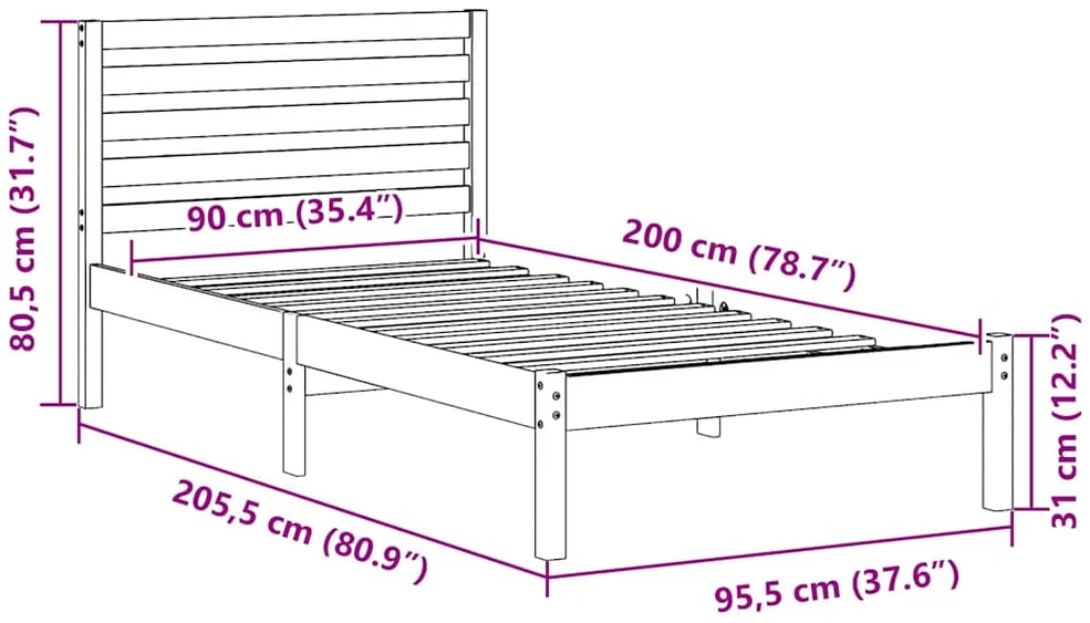Lova Lovos rėmas Ruda 90 x 200 cm Kietos pušies mediena