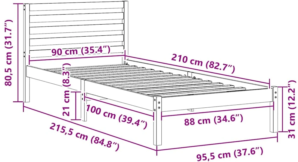 Lova Lovos rėmas Ruda 90 x 210 cm Kietos pušies mediena