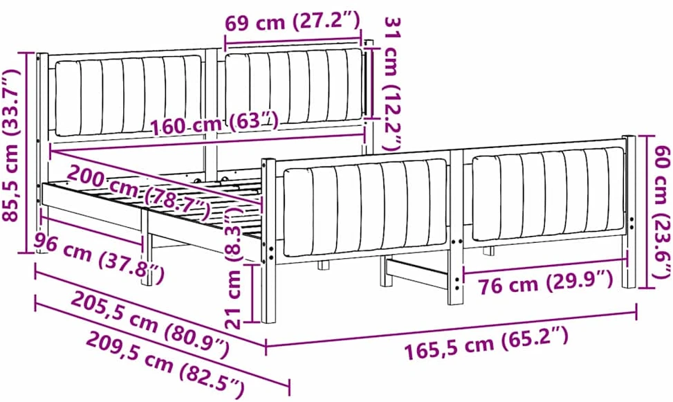 Lovos rėmas Ruda ir šviesiai pilka 160 x 200 cm Pušies masyvas