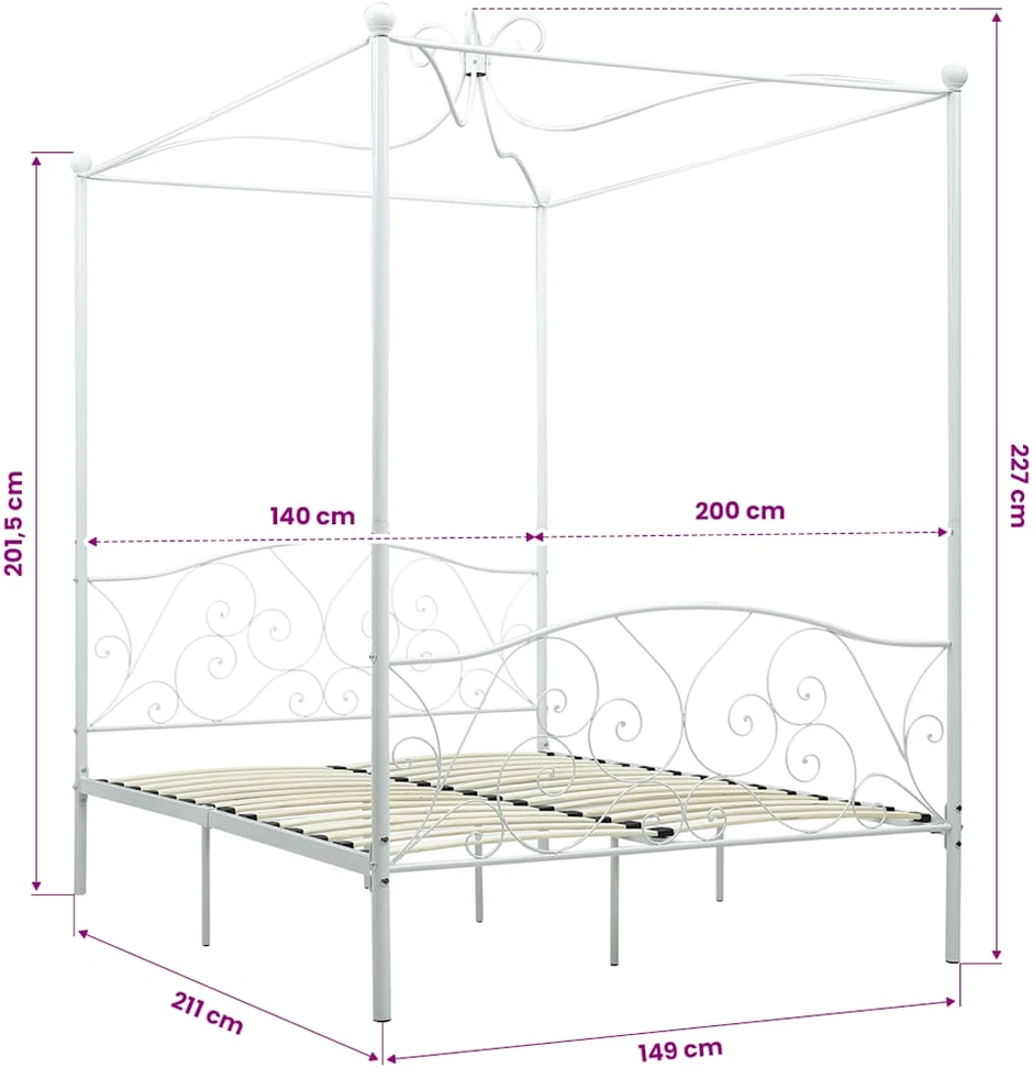 Lovos rėmas su baldakimu, baltos spalvos, 140x200cm, metalas