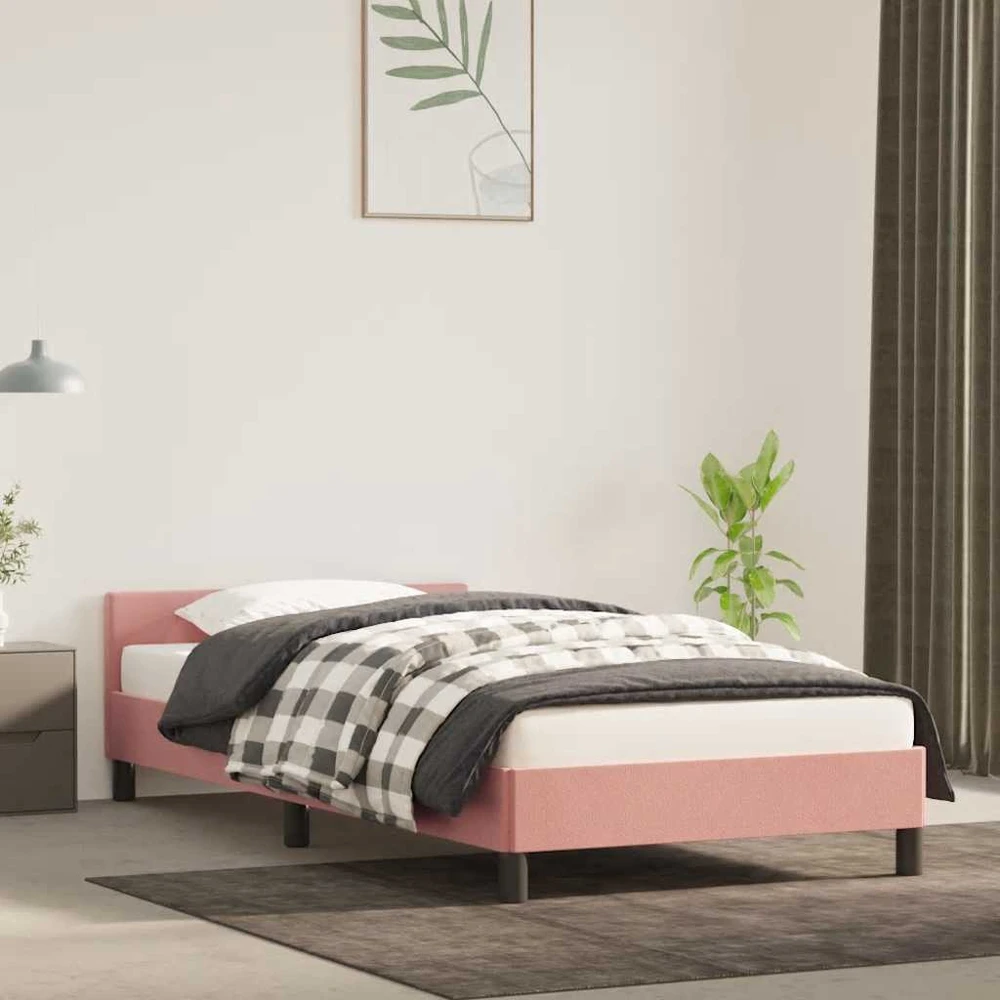 Lovos rėmas su galvūgaliu be čiužinio rožinis 90x200 cm aksomas